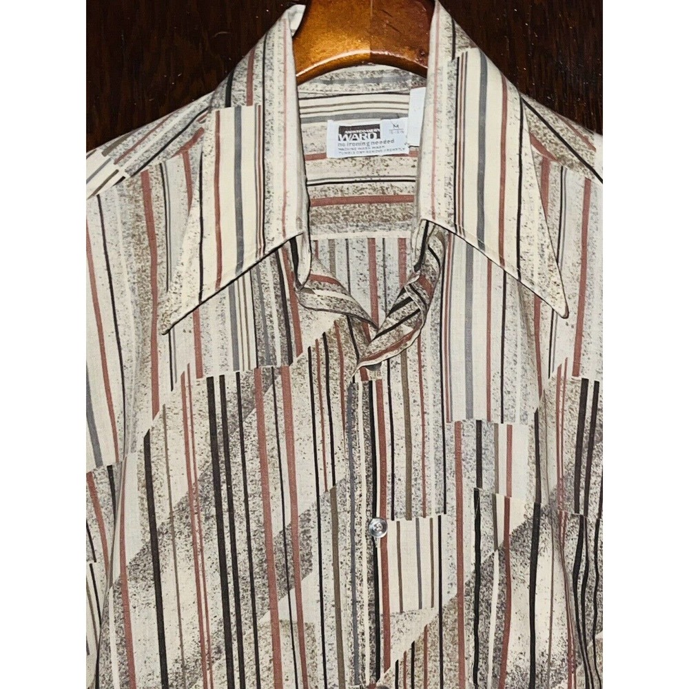 VTG 1970'S MONTGOMERY WARD SHIRT BEIGE ABSTRACT STRIPE SHIRT MEDIUM M